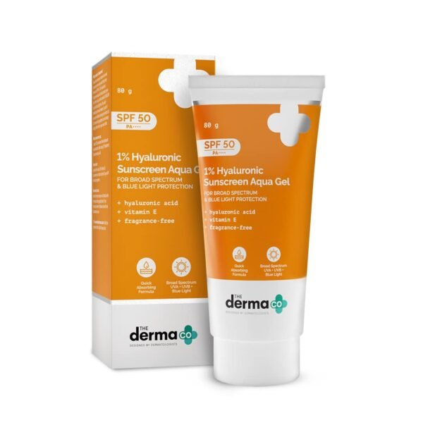 The Derma Co 1% Hyaluronic Sunscreen Aqua Gel SPF 50 PA++++ I Ultra Lightweight Texture, I Non-Greasy I No White Cast | Broad Spectrum Protection & Blue Light Protection