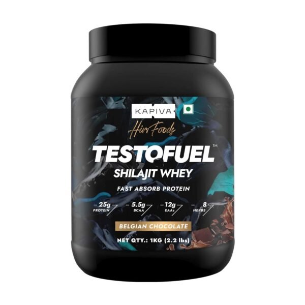 Kapiva TestoFuel Shilajit Whey Protein with Digezyme| 25g Protein | 5.5g BCAA | Faster Absorption | Boosts Stamina | Chocolate Flavor, 1Kg/ 2.2lb