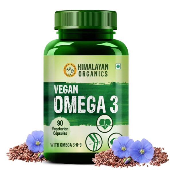 Himalayan Organics Flaxseed Oil Omega 3 6 9 Vegan Natural Nutrition Supplement for Muscle, Bone, Heart & Skin – 90 Veg Capsules