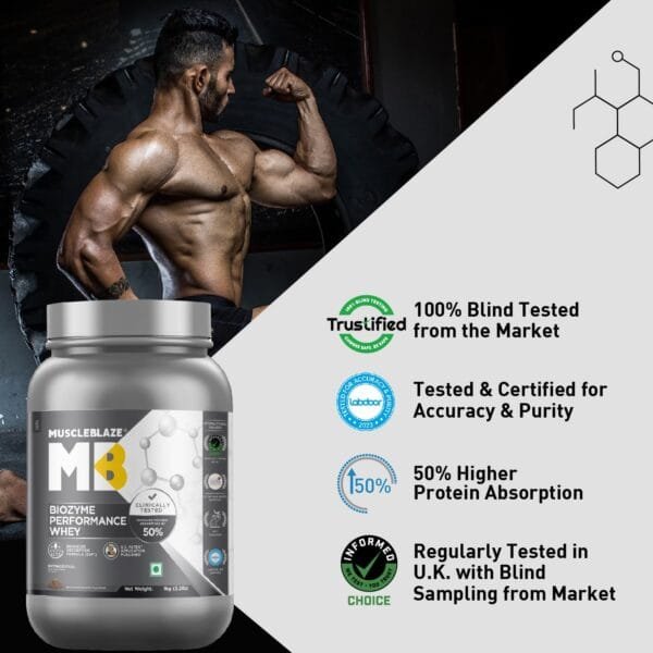 MuscleBlaze Biozyme Performance Whey Protein (Rich Chocolate, 1 kg / 2.2 lb) | Clinically Tested 50% Higher Protein Absorption | Informed Choice UK, Labdoor USA Certified & US Patent Filed EAF®