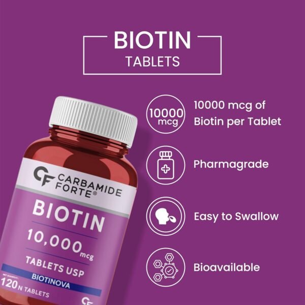 Carbamide Forte Biotin 10000mcg for Hair Growth, Skin & Nails – 120 Veg Tablets