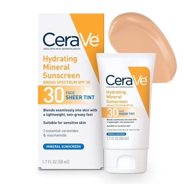 CeraVe® Hydrating Mineral Sunscreen with Sheer Tint | Tinted Mineral Sunscreen with Zinc Oxide & Titanium Dioxide | Blends Seamlessly For Healthy Glow | Tinted Moisturizer with SPF 30 | 1.7 Fluid Ounce