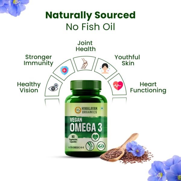 Himalayan Organics Flaxseed Oil Omega 3 6 9 Vegan Natural Nutrition Supplement for Muscle, Bone, Heart & Skin – 90 Veg Capsules