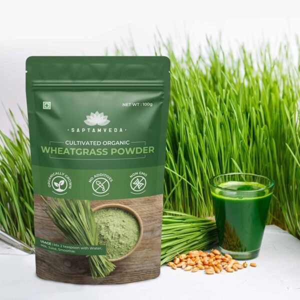 SAPTAMVEDA 100% Organic Wheatgrass Powder 100 Gm Non-GMO, Vegan, Superfood | Antioxidant, Energy, Detox, Immunity Booster, Skin Health| Resealable Bag