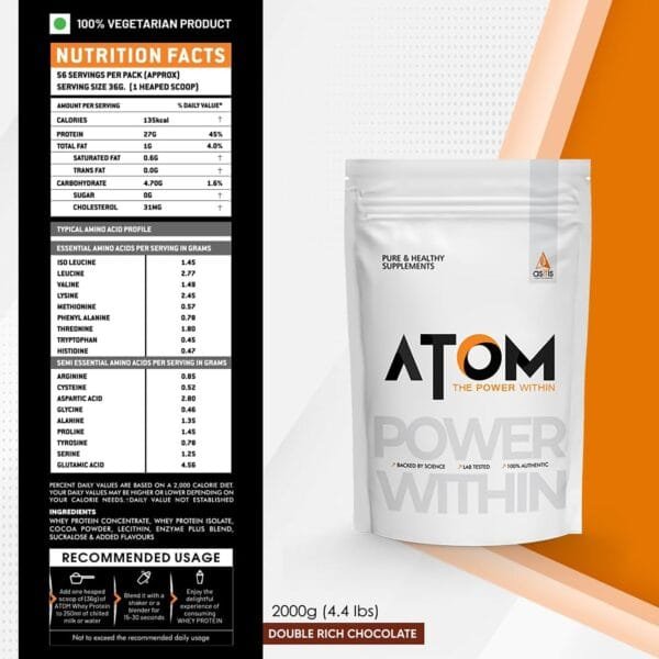 ATOM Whey Protein 1kg | 27g protein | Isolate & Concentrate | Double Rich Chocolate | USA Labdoor Certified