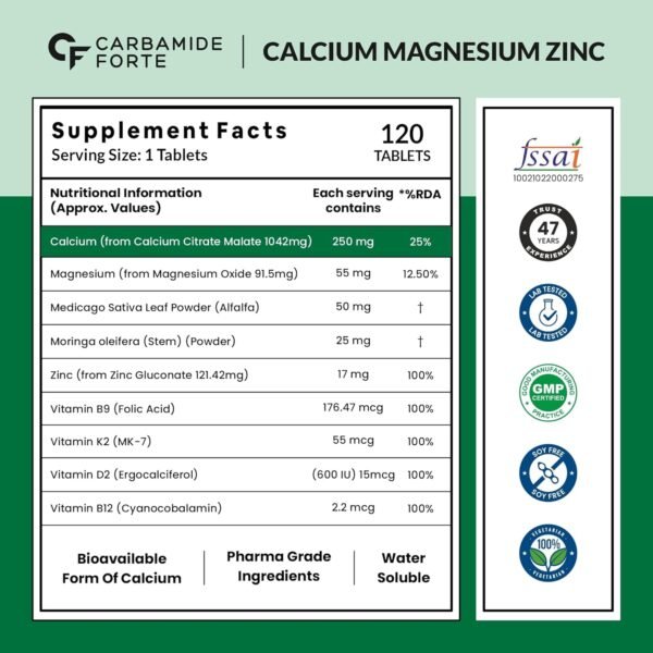 Carbamide Forte Calcium Magnesium & Zinc Tablets with Vitamin D, Vitamin K2-MK7 & Vitamin B12 – Bone Health & Joint Support – 120 Tablets | Calcium Tablets for Women & Men