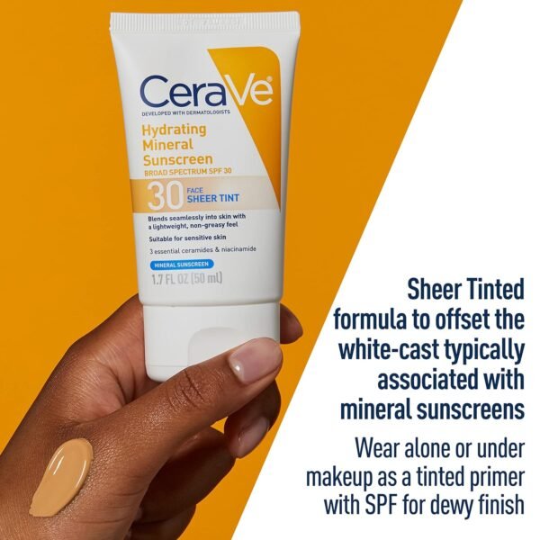 CeraVe® Hydrating Mineral Sunscreen with Sheer Tint | Tinted Mineral Sunscreen with Zinc Oxide & Titanium Dioxide | Blends Seamlessly For Healthy Glow | Tinted Moisturizer with SPF 30 | 1.7 Fluid Ounce