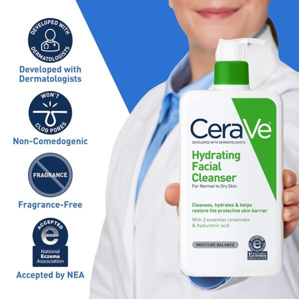 CeraVe Hydrating Facial Cleanser | Moisturizing Face Wash For Dry Skin | Hyaluronic Acid + Ceramides + Glycerin | Hydrating Cleanser For Normal To Dry Skin | National Eczema Assosiation Certified