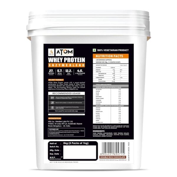 ATOM Whey Protein 5kg | 27g protein | Isolate & Concentrate | Double Rich Chocolate | USA Labdoor Certified