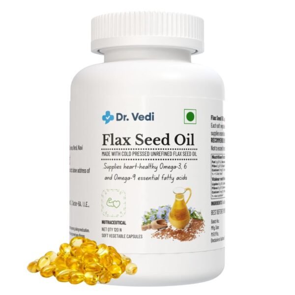 Dr. Vedi® Flex Seed Oil Capsule | Supplies heart-healthy Omega-3-6-9 essential fatty acids | Made with cold pressed unrefined flax seed oil | 120 N