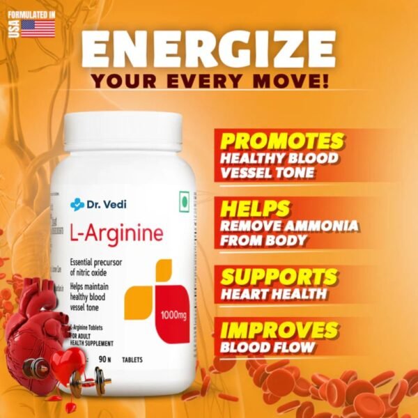 Dr. Vedi® L-Arginine 1000mg Boosts Energy & Endurance | Improves Blood Flow | 90 Tablets