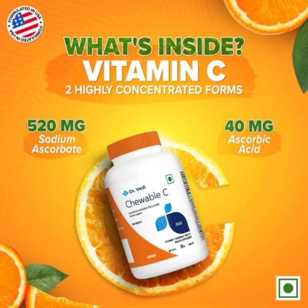 Dr. Vedi® Vitamin C Chewable 500mg | Boosts Immunity & Protects Against Infections | 30 Tablets